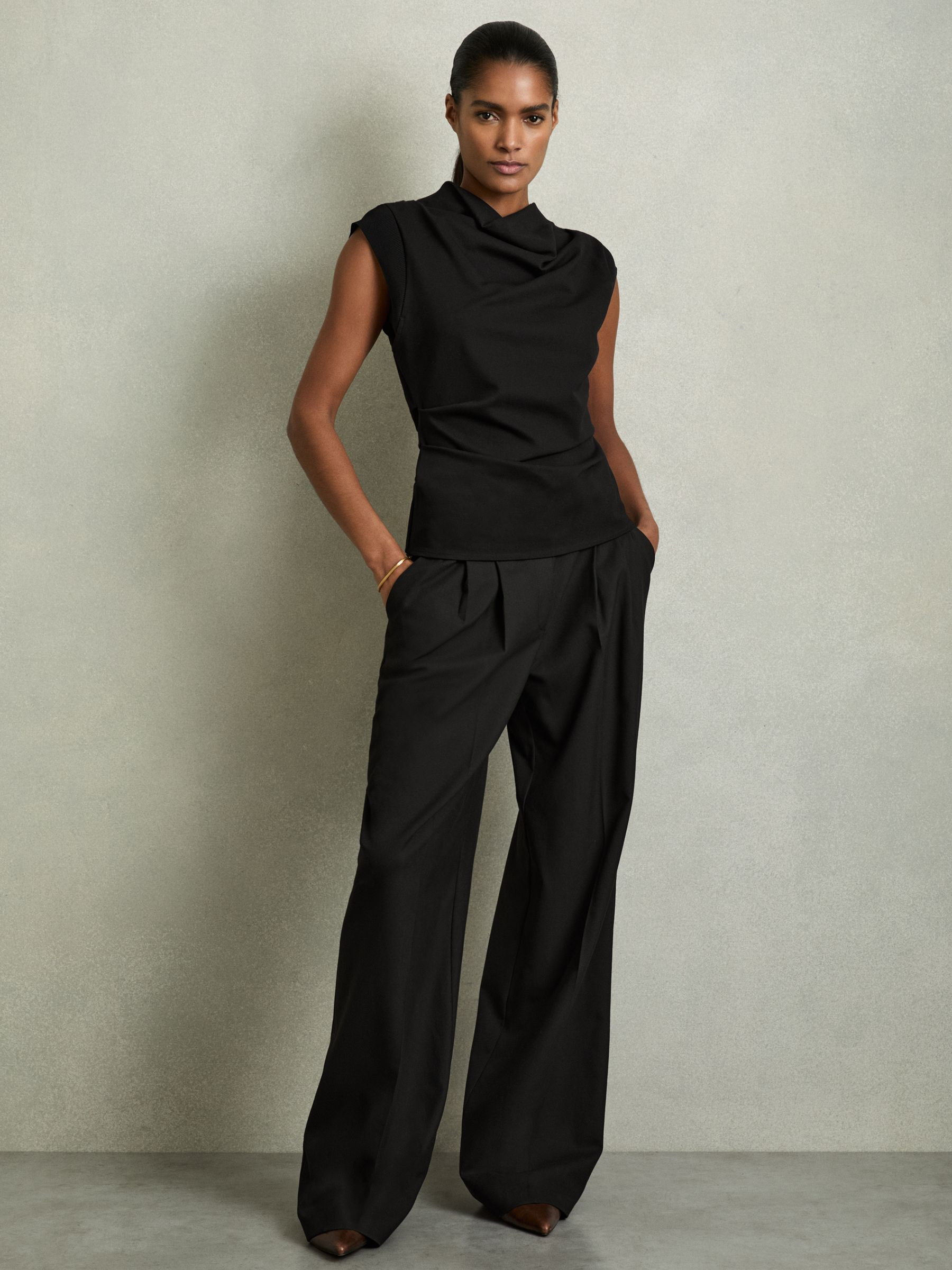 Draped Jersey-Twill Sleeveless Top in Black | Reiss US