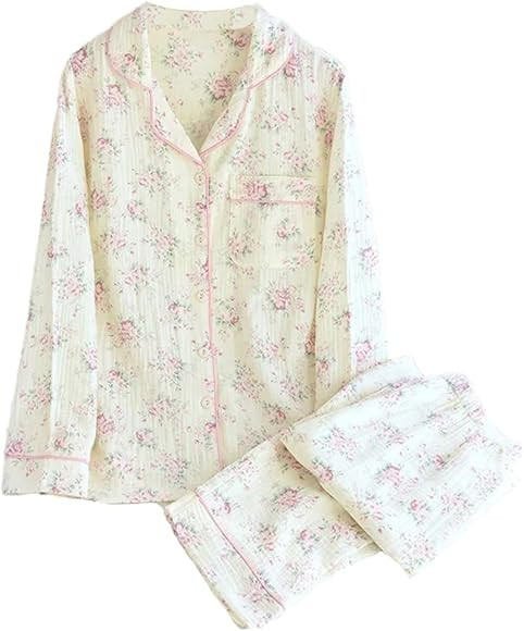 REHJJDFD Women's Pajama Set Cotton Long Sleeved Pants 2 Piece Set Print Homewear Thin Sleepwear | Amazon (US)