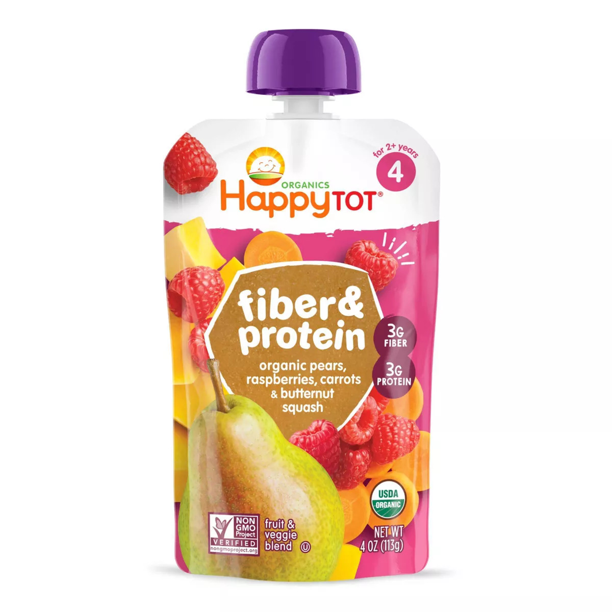 Happy Tot Organics Fiber & Protein Organic Pears, Raspberries, Carrots & Butternut Squash - 4oz | Target
