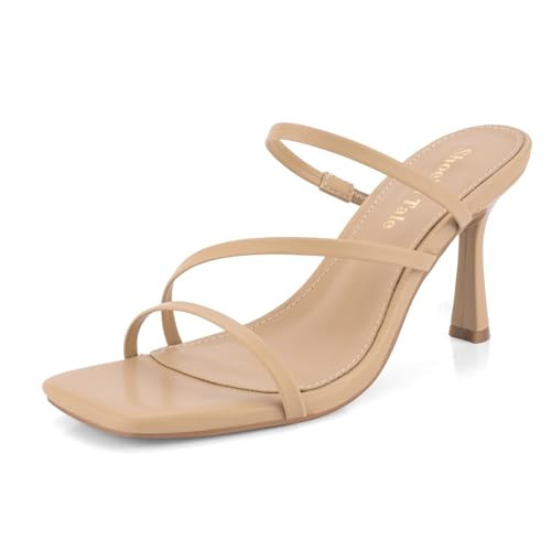 Shoe'N Tale Strappy Kitten Heels For Women Stiletto Mules Square Open Toe Slip On Sandals(9.5,Natural Nude) | Amazon (US)
