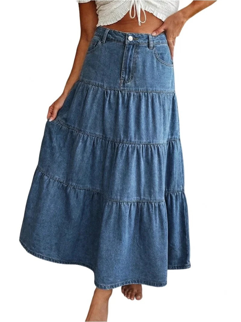 EMMIOL Women's High Waisted Tiered Denim Maxi Skirt Vintage A-Line Swing Jean Skirt with Pockets ... | Walmart (US)