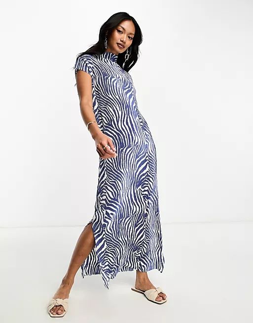 ASOS DESIGN grown neck plisse midi dress with cap sleeve in blue zebra | ASOS (Global)