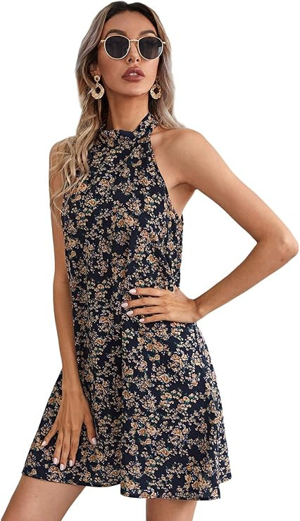 SweatyRocks Women's Sleeveless Halter Neck Boho Floral Swing Tunic Mini Dress | Amazon (US)