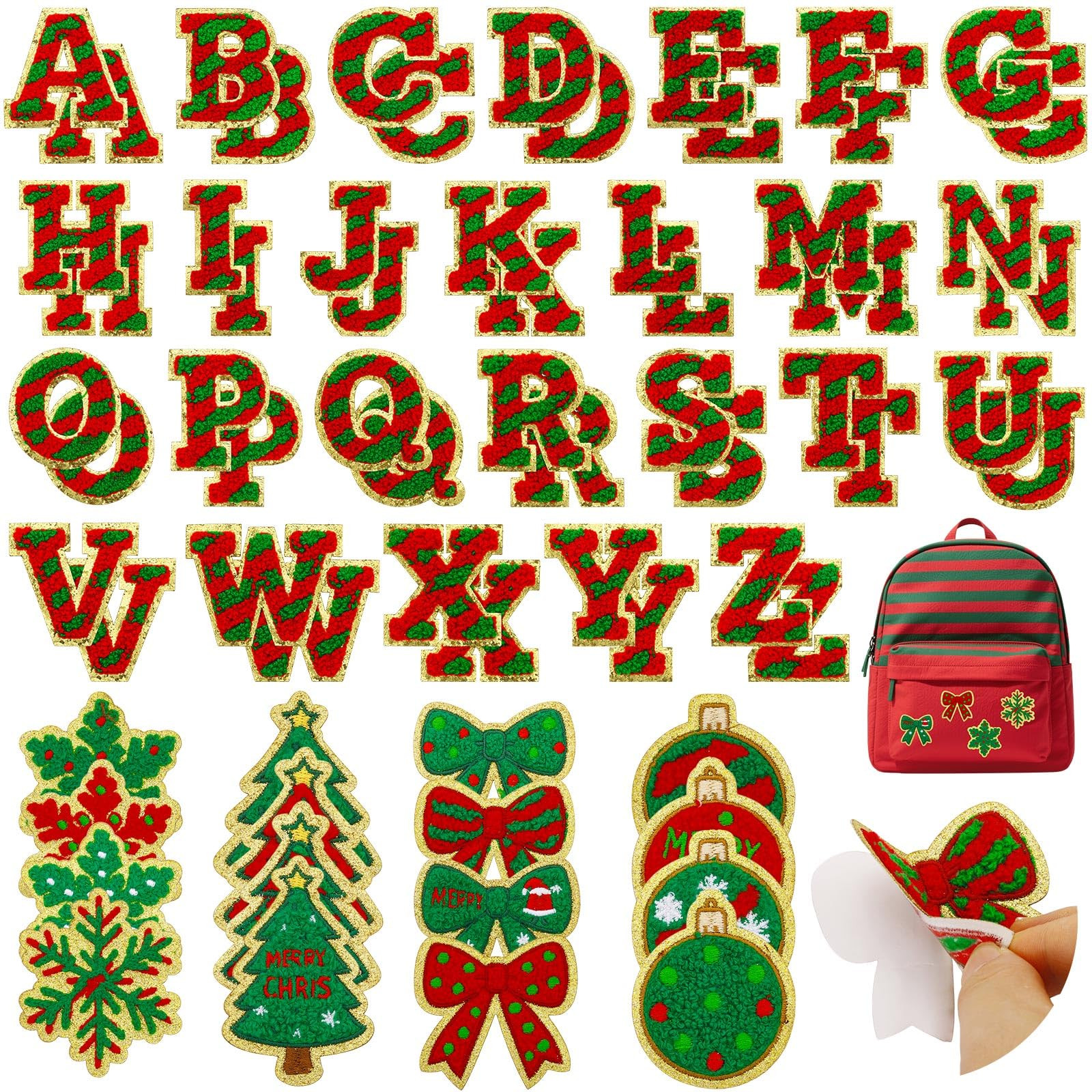 68 Pcs Christmas Patches Red and Green Striped Chenille Letters Patches Self Adhesive Embroidered... | Amazon (US)