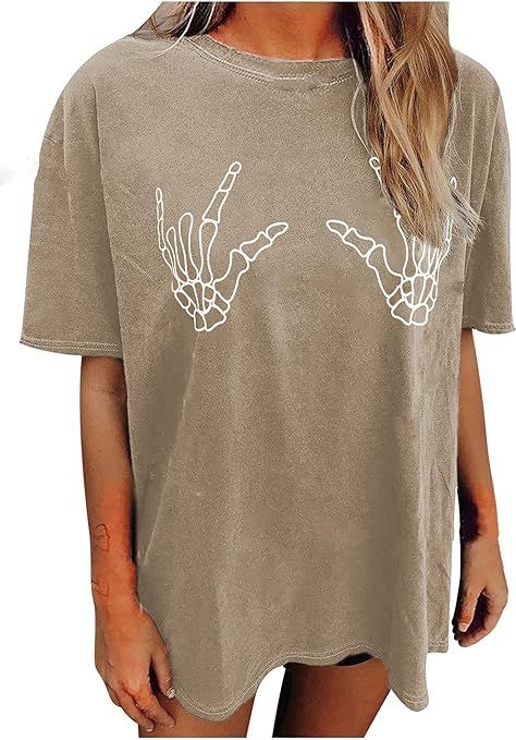 Avanova Women's Skull Graphic Print Oversized Tee Short Sleeve Casual Summer Loose T Shirt | Amazon (US)