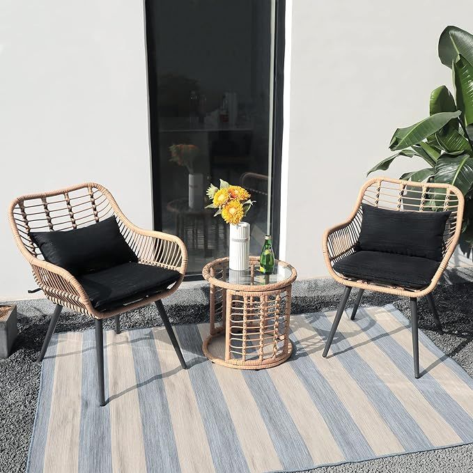 JOIVI 3 Piece Outdoor Wicker Furniture Bistro Set, Patio Rattan Conversation Set with Round Glass... | Amazon (US)