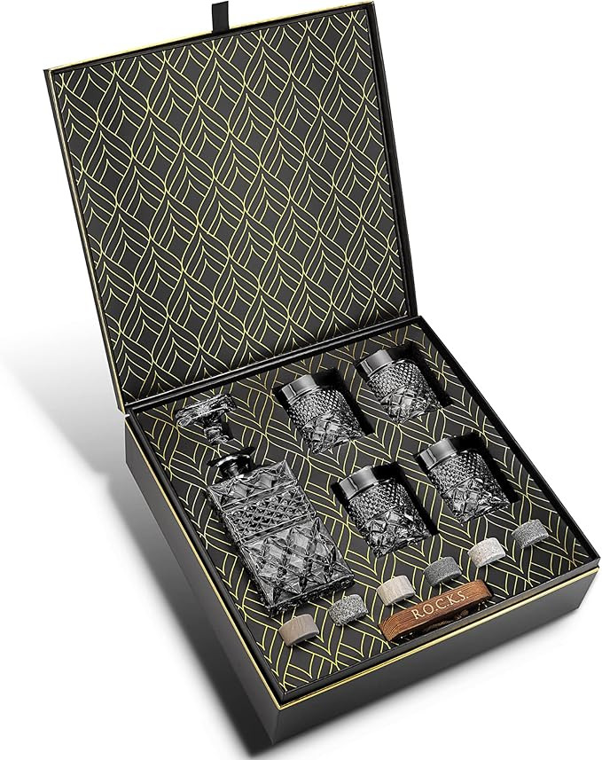 Whiskey Decanter Gift Set with 4 Cocktail Glasses & Handcrafted Granite Whiskey Chilling Stones -... | Amazon (US)