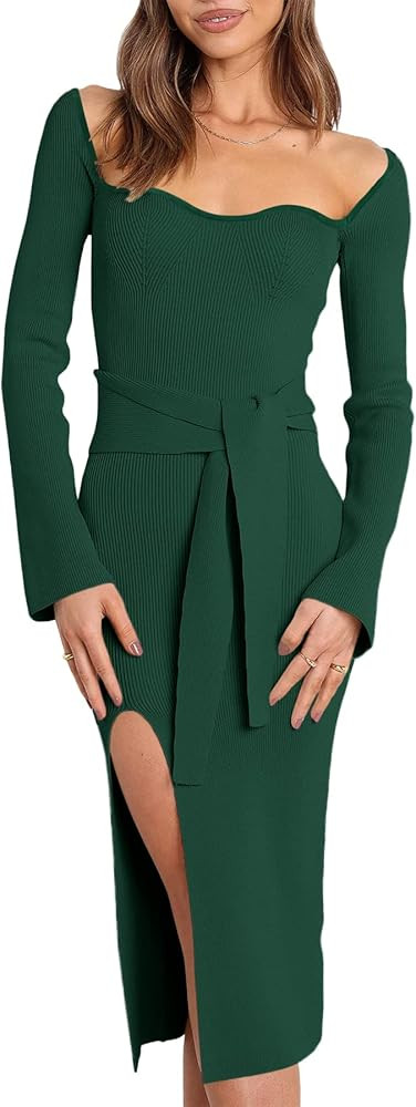 ANRABESS Women 2024 Fall Long Sleeve Bodycon Sweater Dress Sweetheart Neck Slim Fit Tie Waist Cut... | Amazon (US)