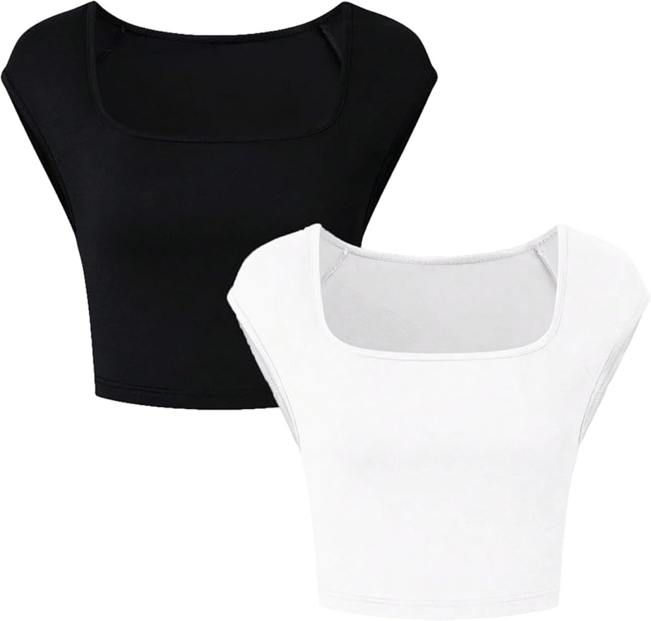 MakeMeChic Women's 2 Pack Casual Cap Sleeve Cropped T Shirts Scoop Neck Slim Fit Summer Tee Tops | Amazon (US)