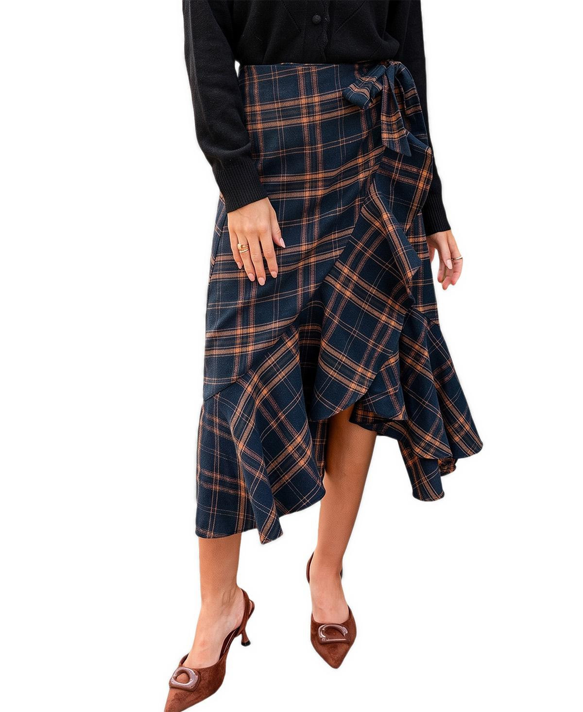 Cupshe Women's Extra Credit Plaid High-Waisted Asymmetrical Midi Skirt - Dark blue | Macy's