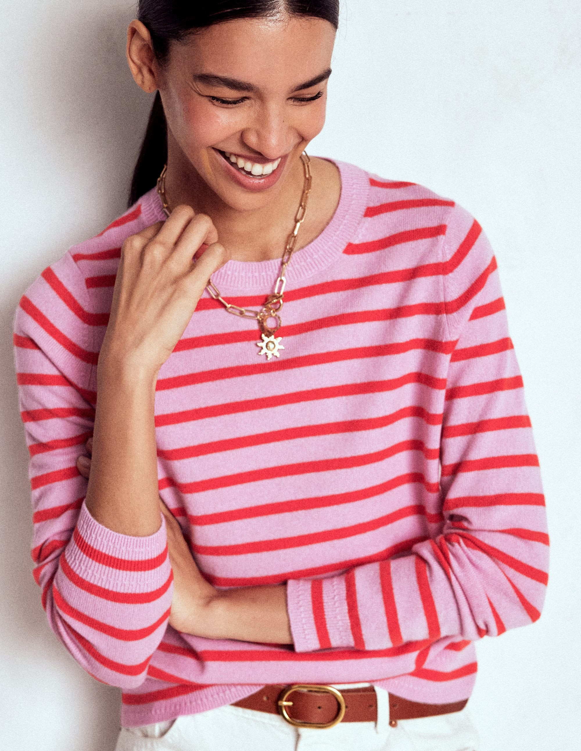 Eva Cashmere Crew Neck Sweater-Pink/ Orange Stripe | Boden (US)