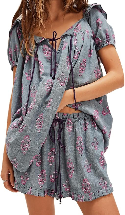 ROAONOCOMO Women Floral Pajama Set Ruffle Puff Sleeve Peplum Shirt Coquette Pj Set Bow Babydoll 2... | Amazon (US)