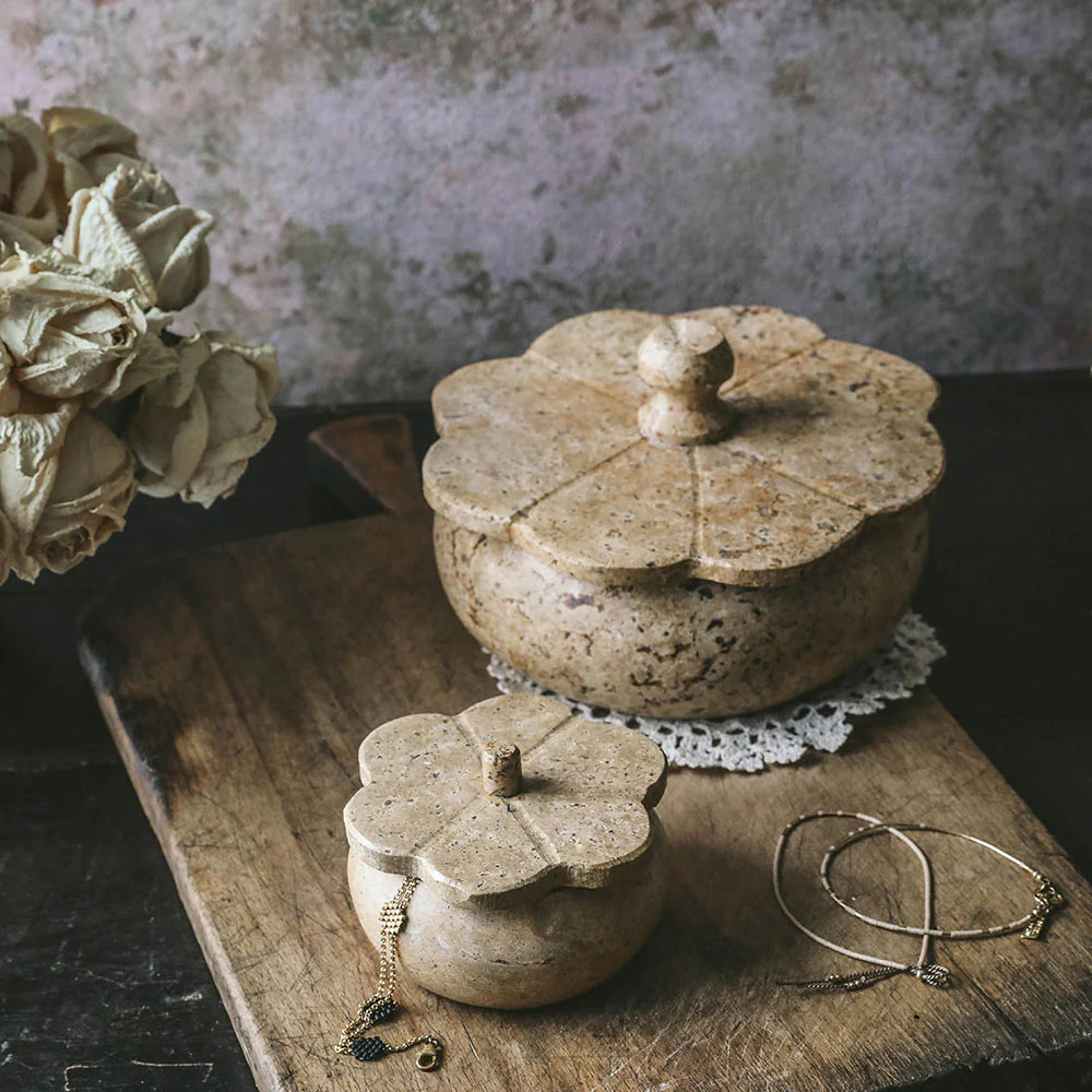 Lidded Red Travertine Petal Box | Roan Iris