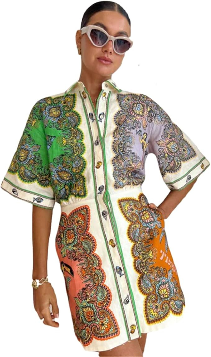 Women's Polo Collar Shirt Dresses Vintage Print Party Casual Short Dress Summer Green | Amazon (US)