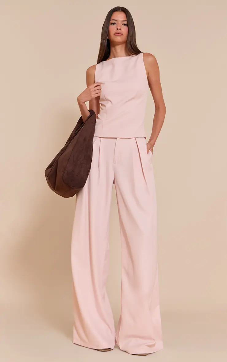 Pale Pink PrettyLittleThing Tailored Woven Wide Leg Trousers Co-ord | Boohoo USA | boohoo (US & Canada)