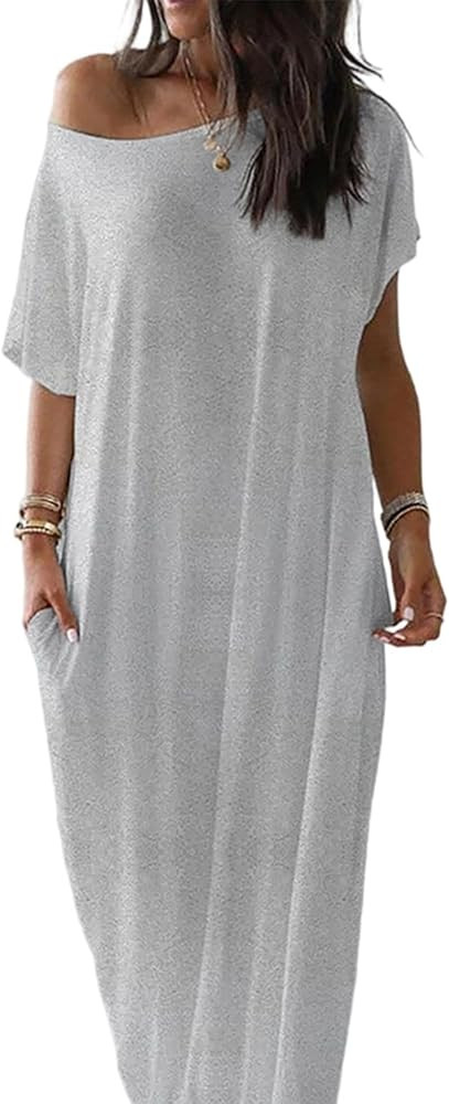 GFU Women's Off The Shoulder Dress Batwing Short Sleeve Casual Loose Flowy Maxi Dress Oversized T... | Amazon (US)