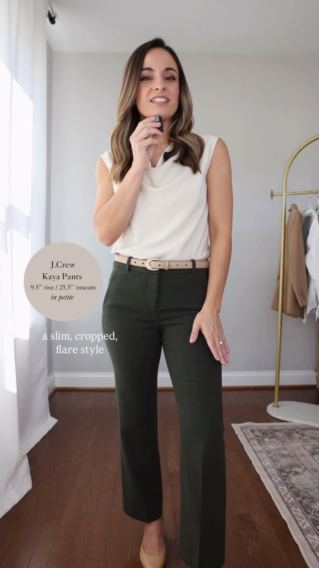 The 2026 Fall Workwear Capsule Wardrobe series: outfits for work with olive green pants! 

The pants have a 9.5” rise and a 25.5” inseam. They run slim across the hips, I recommend a size up if you’re curvy. 

Orange Cardigan (Quince): xs 
Navy Sweater T-Shirt (Quince): xs 
Ivory Draped Top (Quince): xs 
Brown Ribbed Top (Quince): xs 
Wrap Cardigan (Aritzia): xs
White Button Down (J.Crew): petite 00 
Burgundy Short Sleeve Top (BR Factory): xxs 
Striped Button Down (Ann Taylor): xxs 
Brown Wide Leg Pants (BR Factory): petite 00 (doubleweave is sold out in brown, linking in black, similar option in the Hayden Pants)
Wide Leg Jeans (J.Crew Factory): petite 24 
Burgundy Wide Leg Pants (BR Factory): petite 00 
Navy Slim Pants (Ann Taylor): petite 00 (I’m wearing curvy, but linked both fits)
Olive Cropped Flare Pants (J.Crew): petite 0 
Tan Blazer (J.Crew): petite 00 
Navy Blazer (J.Crew): petite 00 
Trench Coat (J.Crew): petite 00 

For size comparison, I’m 4’10” 105lbs. My measurements are 32”, 24”, 36”. I typically wear petite xxs/00/24 and have a 25” ankle inseam and a 27.5-28” full length inseam.

#LTKPetite