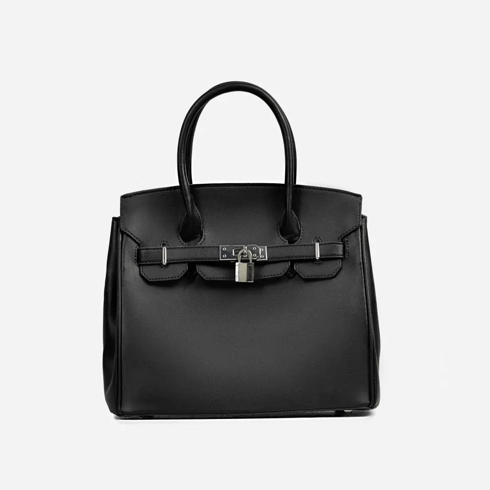 Oak Padlock Detail Top Handle Tote Shopper Bag In Black Faux Leather | EGO (UK)