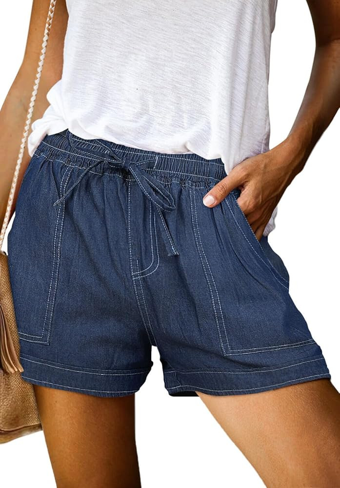 ONLYSHE Womens Casual Drawstring Shorts Summer Elastic Waist Shorts Pocketed Pants | Amazon (US)