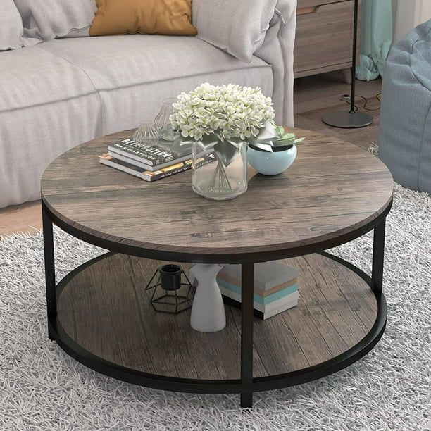S.Fyronti Modern Round Coffee Tables for Living Room, Wooden Top and Metal Shelf, Grey/Brown/Blac... | Walmart (US)