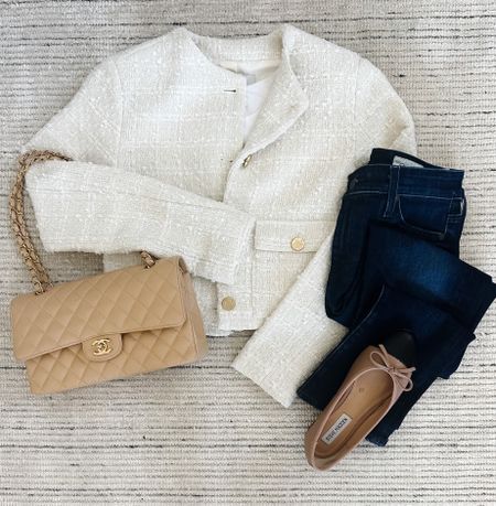 Smart causal workwear with white tweed jacket, bodysuit and dark wash jeans. Jacket is on sale for 20% off for the LTK Fall Sale! Perfect for workwear, date night and fall outfits 

#LTKstyletip #LTKSeasonal #LTKSale