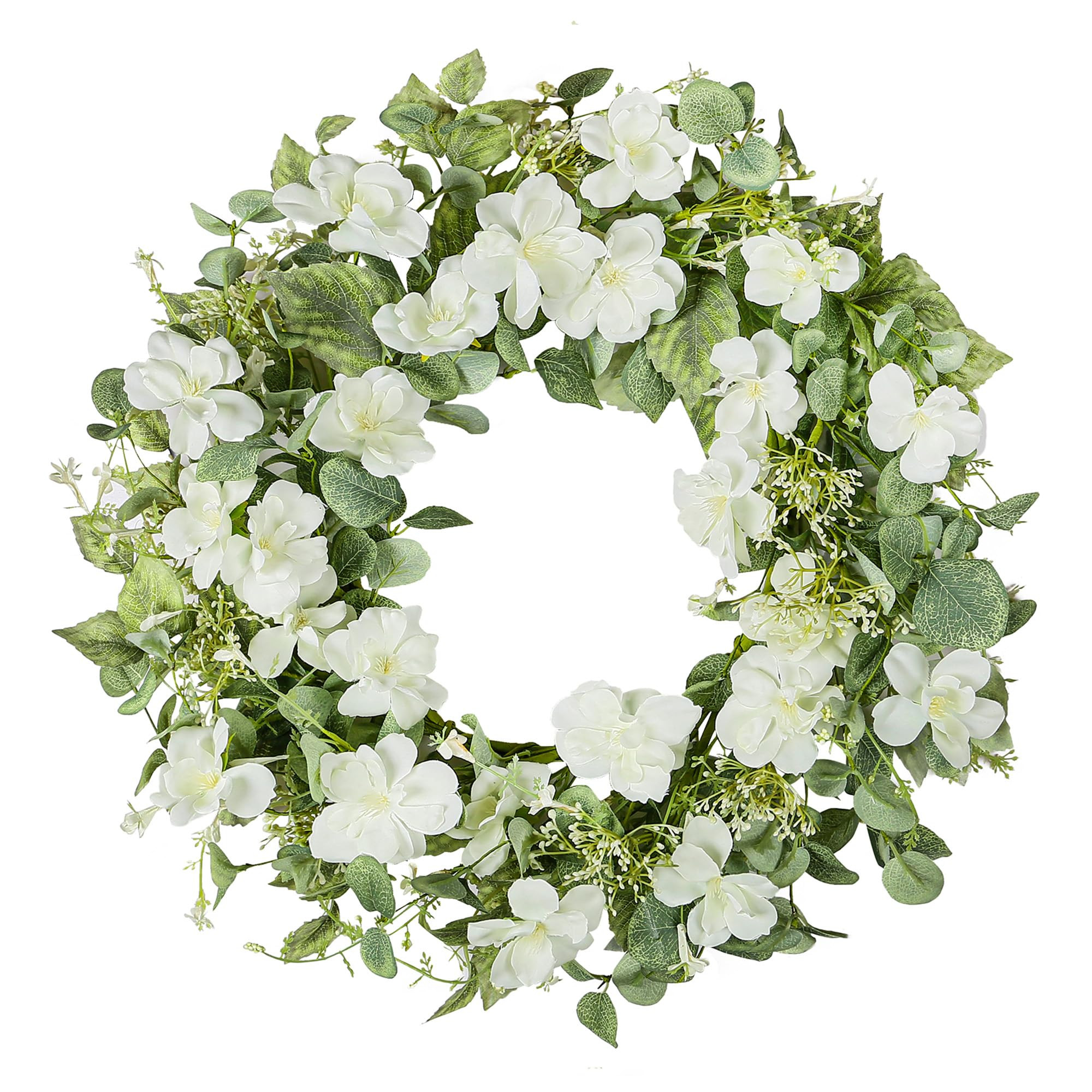 Amazon.com: YNYLCHMX 18" Spring Summer Wreaths for Front Door, Artificial Floral Wreath with White Rose Flowers Green Eucalyptus Leaves, Green Foliage Wreath for Wall Window Farmhouse Party Holiday Home Decor | Amazon (US)