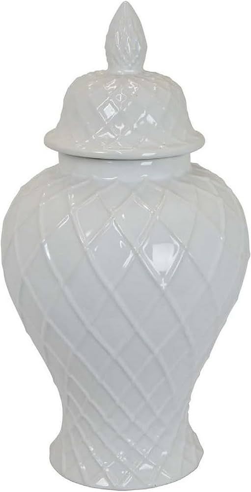 Benjara Livie 20 Inch Temple Ginger Jar, Geometric Design, Dome Lid, Ceramic, White | Amazon (US)