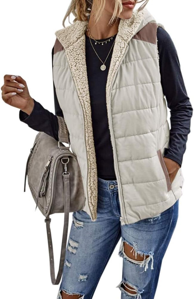 Womens Sherpa Fleece Full Zip Reversible Vest Warm Color Block Hoodie Outwear with Pocket | Amazon (US)