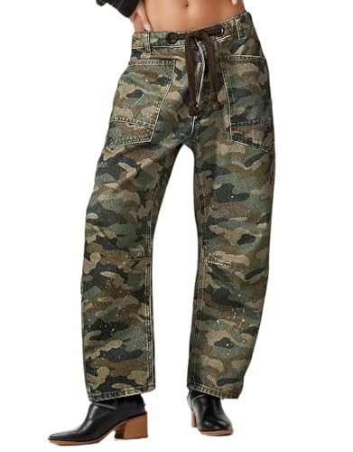 Kedera Camo Pants Barrel Jeans for Women Mid Rise Wide Leg Graphic Trousers Y2k Baggy Boyfriend Denim Pants with Pockets | Amazon (US)