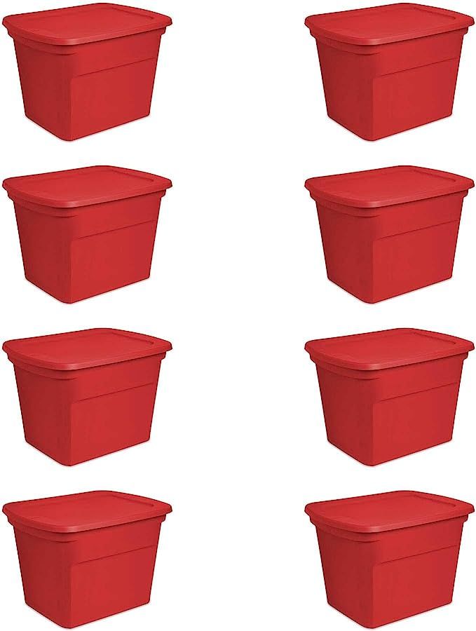 Sterilite 18 Gallon Heavy Duty Plastic Stackable Storage Container with Lid, Red (8 Pack) | Amazon (US)