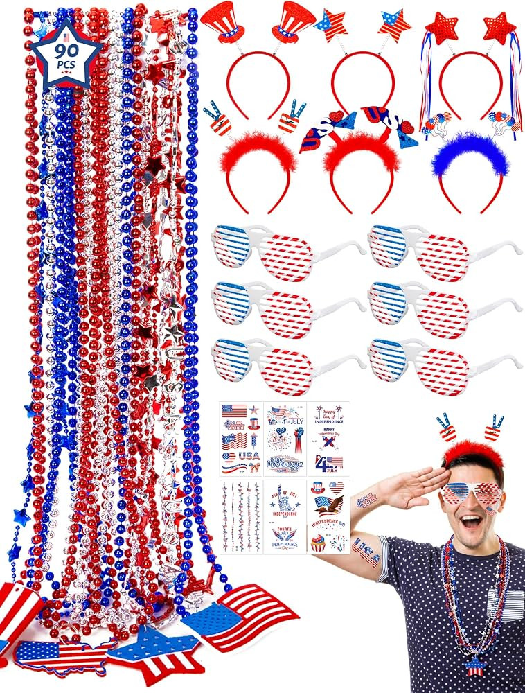 Blowata 90PCS 4th of July Bead Necklaces Set, Patriotic Headbands Bead Necklaces USA 250th Annive... | Amazon (US)
