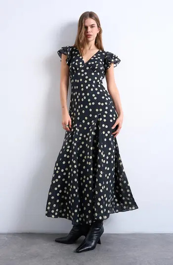 Topshop Flutter Sleeve Polka Dot V-Neck Midi Dress | Nordstrom | Nordstrom