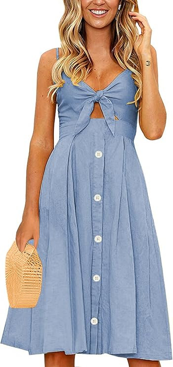 ECOWISH Women 2026 Summer Dresses Tie Front V-Neck Spaghetti Strap Button Down A-Line Backless Sw... | Amazon (US)