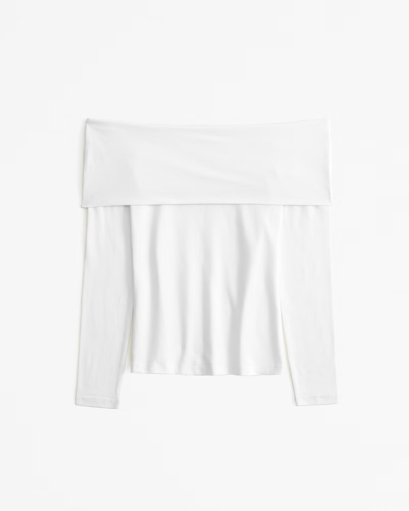 Long-Sleeve Cotton-Blend Seamless Fabric Tuckable Off-The-Shoulder Top | Abercrombie & Fitch (US)