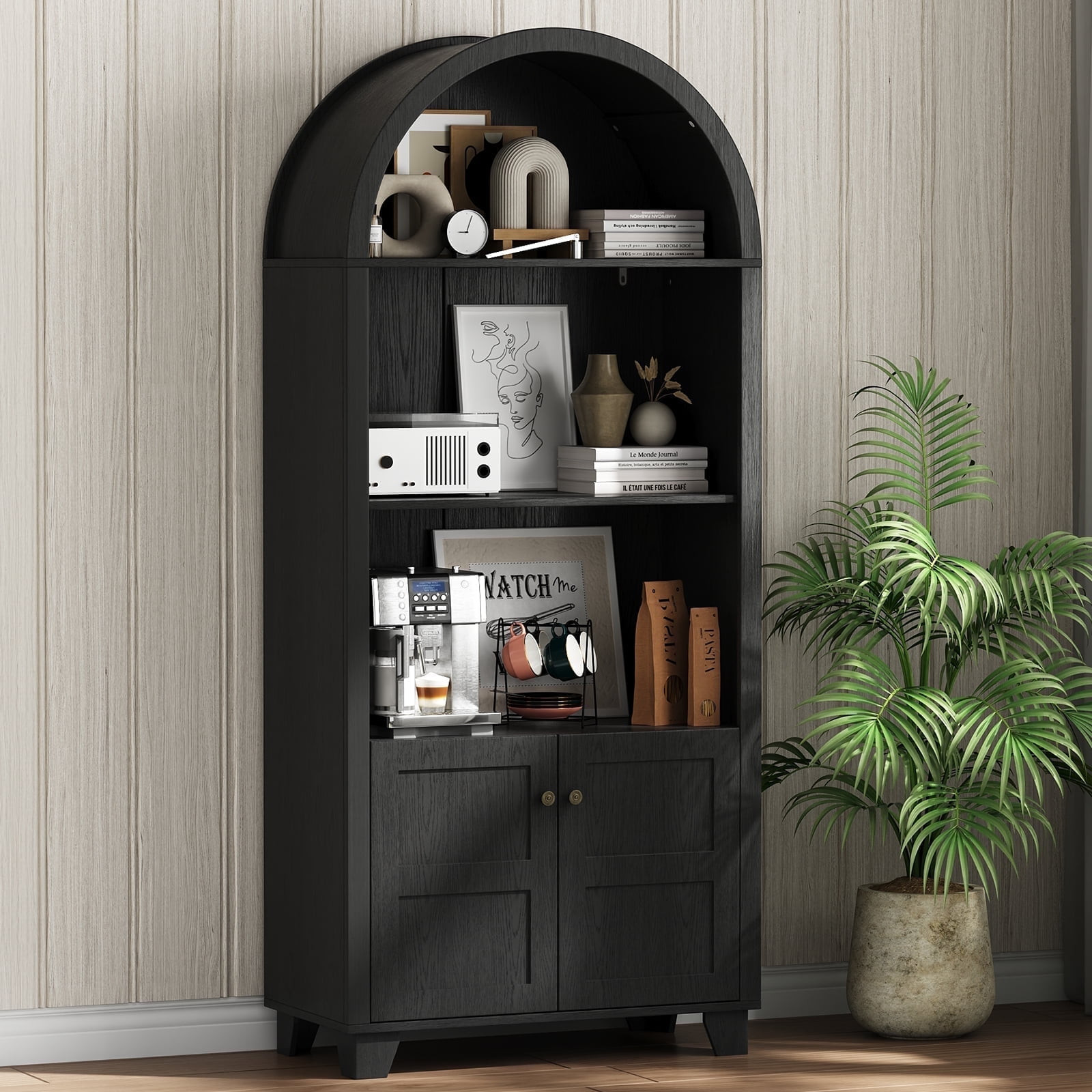 SEEDAY Arched Kitchen Pantry Cabinet,70-Inch Open Shelf Storage Cabine with 2 Doors,3 Shelves(Bla... | Walmart (US)