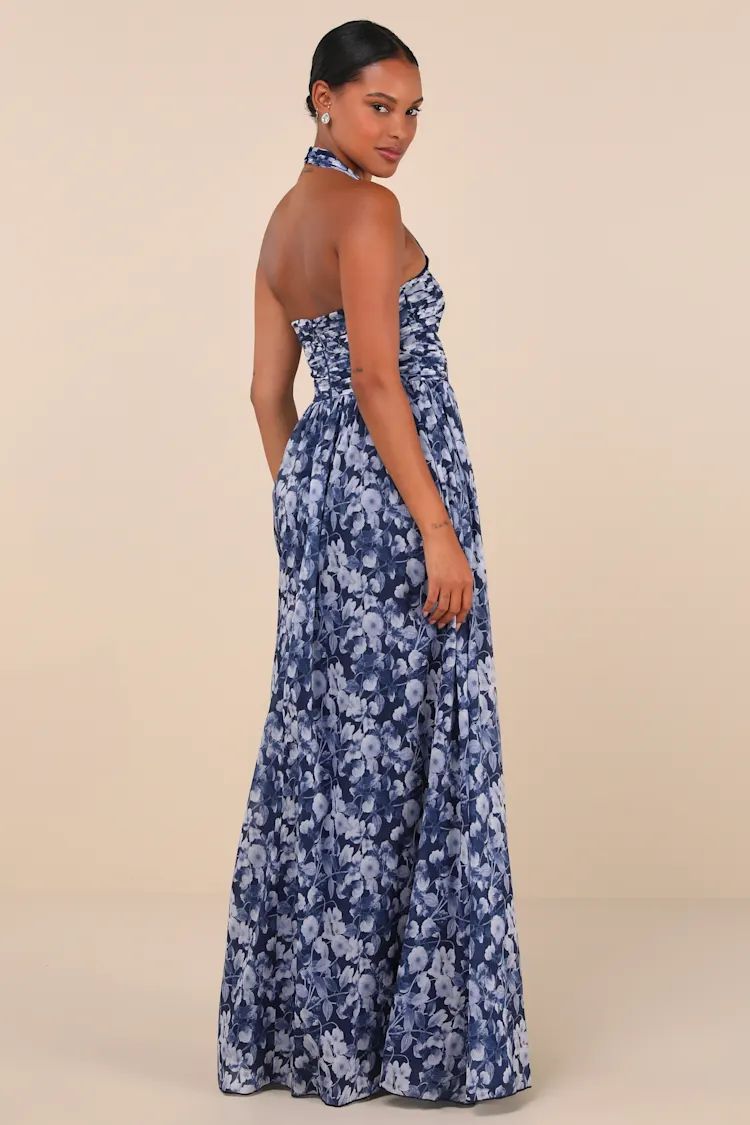 Illustrious Aura Navy Blue Floral Pleated Halter Maxi Dress | Lulus