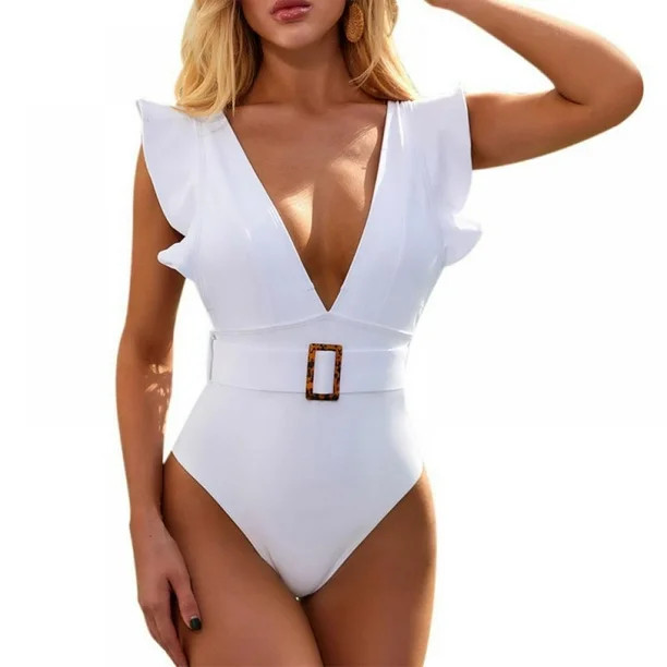 Wuffmeow Women One Piece Swimsuit Ruffle Deep V Neck Strappy Swimwear Bathing Suits - Walmart.com | Walmart (US)
