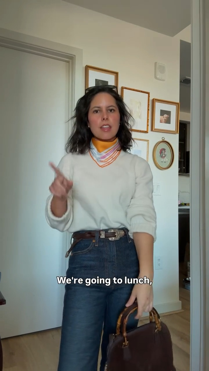 I’m 5’1 for reference 
XS in sweater, 23 in jeans and had to get them cut 
Khaite Abigail jeans, khaite jeans, reformation sweater, reformation outfit, petite outfit, western belt, Hermes scarf outfit 
Causal date outfit, museum date outfit, western belt, casual chic 

#LTKootd #LTKgrwm #LTKPetite