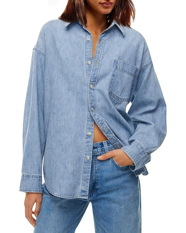 Cicy Bell Womens Oversized Denim Shirts Jackets Button Down Curved Hem Long Sleeve Jean Tops Shac... | Amazon (CA)