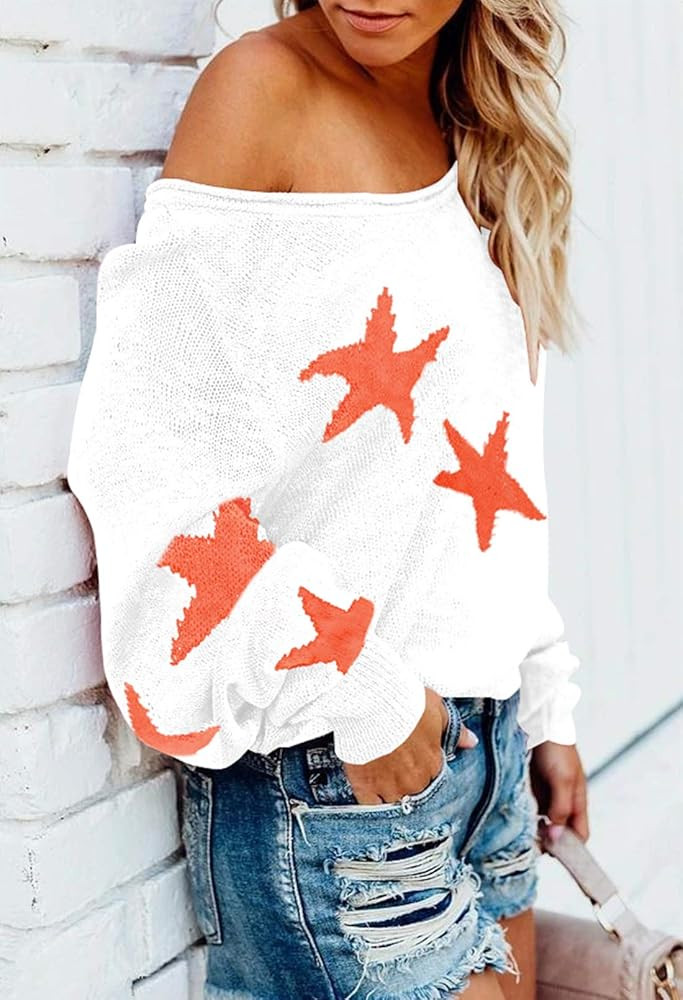 COCOLEGGINGS Women's Scoop Neck Long Sleeve Star Pullover Sweater Tunic Tops | Amazon (US)