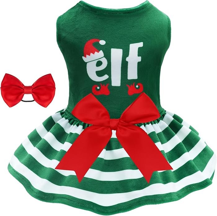 CuteBone Elf Dog Dresses Velvet Holiday Small Dogs Clothes Onesie Pet Apparel Girl Puppy Skirt wi... | Amazon (US)