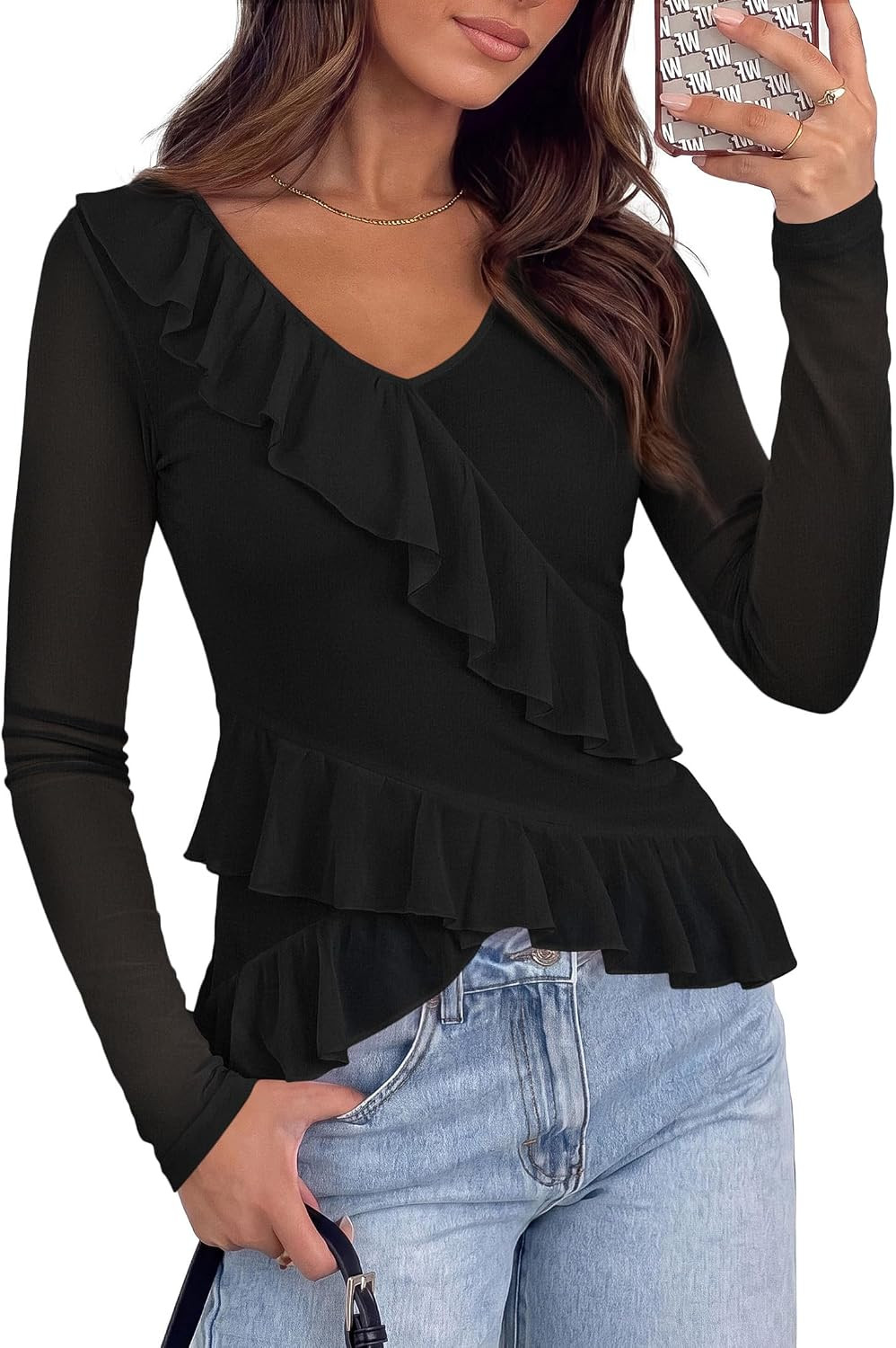Long Sleeve Shirts for Women Ruffle V Neck Y2K Mesh Top | Amazon (US)