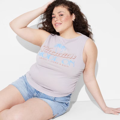 Women's Ruched Graphic Tank Top - Wild Fable™ Gray 2X: Recycled Cotton, Highneck, Sleeveless, | Target