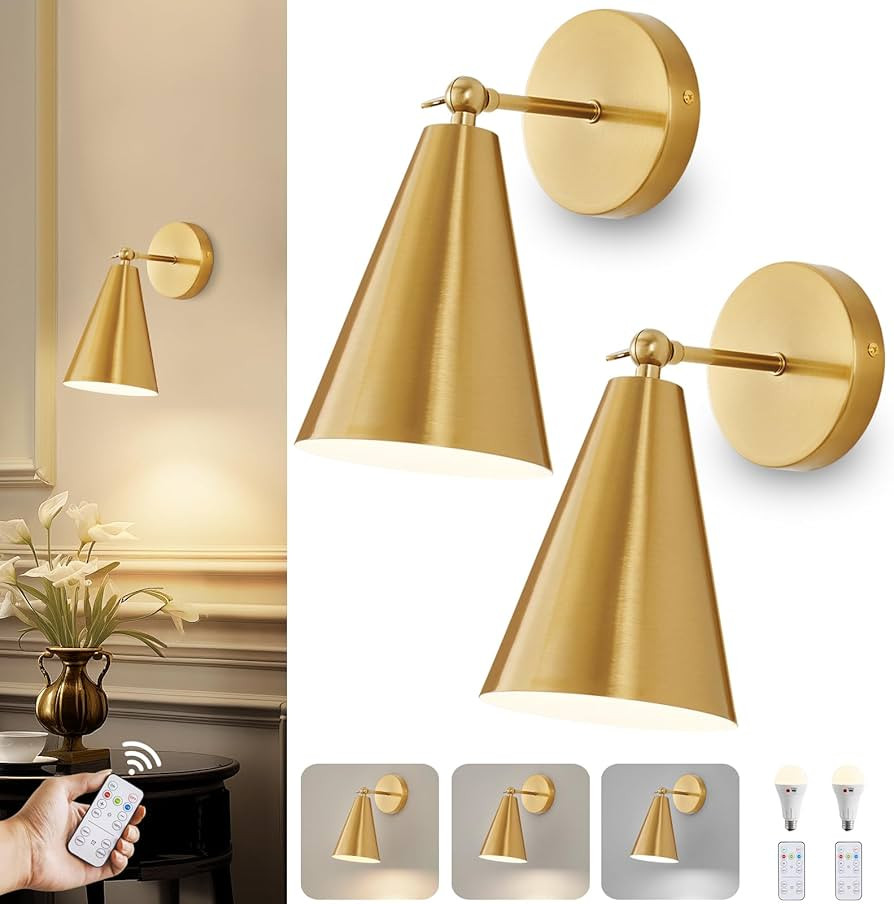 Gold Battery Operated Wall Sconces Set of 2 with Remote, Dimmable Swing Arm Wall Lamps, Rechargea... | Amazon (US)