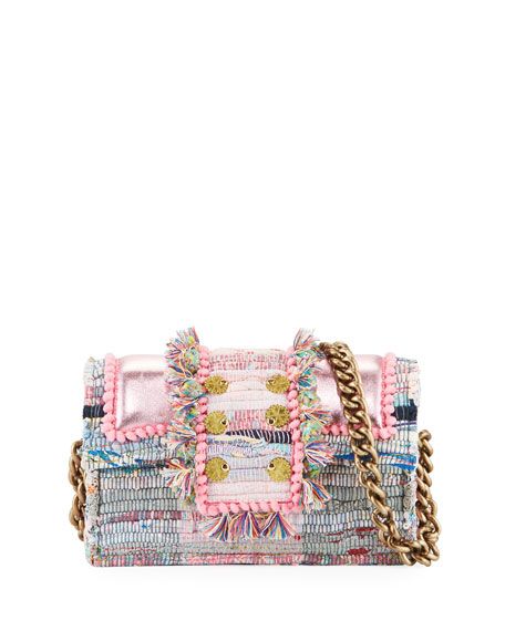 Kooreloo Hollywood Babe Woven Front-Flap Bag w/ Crossbody Chain Strap | Neiman Marcus