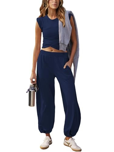 Outfeel Women 2 Piece Outfit Set Loungewear Cropped Tops and Jogger Sweatpant Matching Set Coordinated Sweatsuit with Pockets Navy Blue Large | Amazon (US)