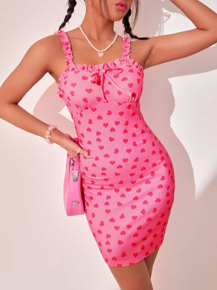 Allover Heart Print Frill Trim Knot Front Cami Bodycon Dress | SHEIN