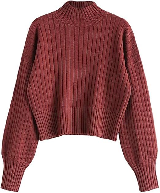 ZAFUL Women's Crew Neck Long Sleeve Pullover Crop Sweater Mock Neck Lantern Sleeve Ribbed Knit Ju... | Amazon (US)