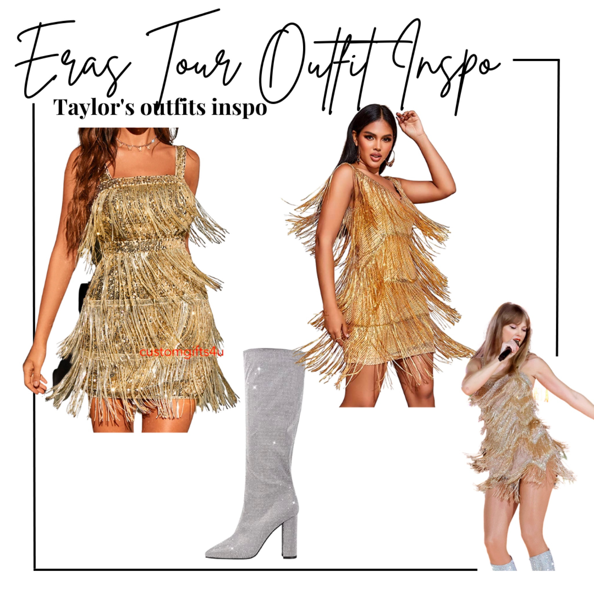 Taylor swift eras tour - Taylor’s fearless outfit night 1 - gold fringe dress and silver rhinestone boots 

Etsy finds, amazon finds, get the look, concert outfit, fearless era, festival outfit, ootd, outfit inspo, affordable Outfit 

#LTKSeasonal #LTKFind #LTKshoecrush