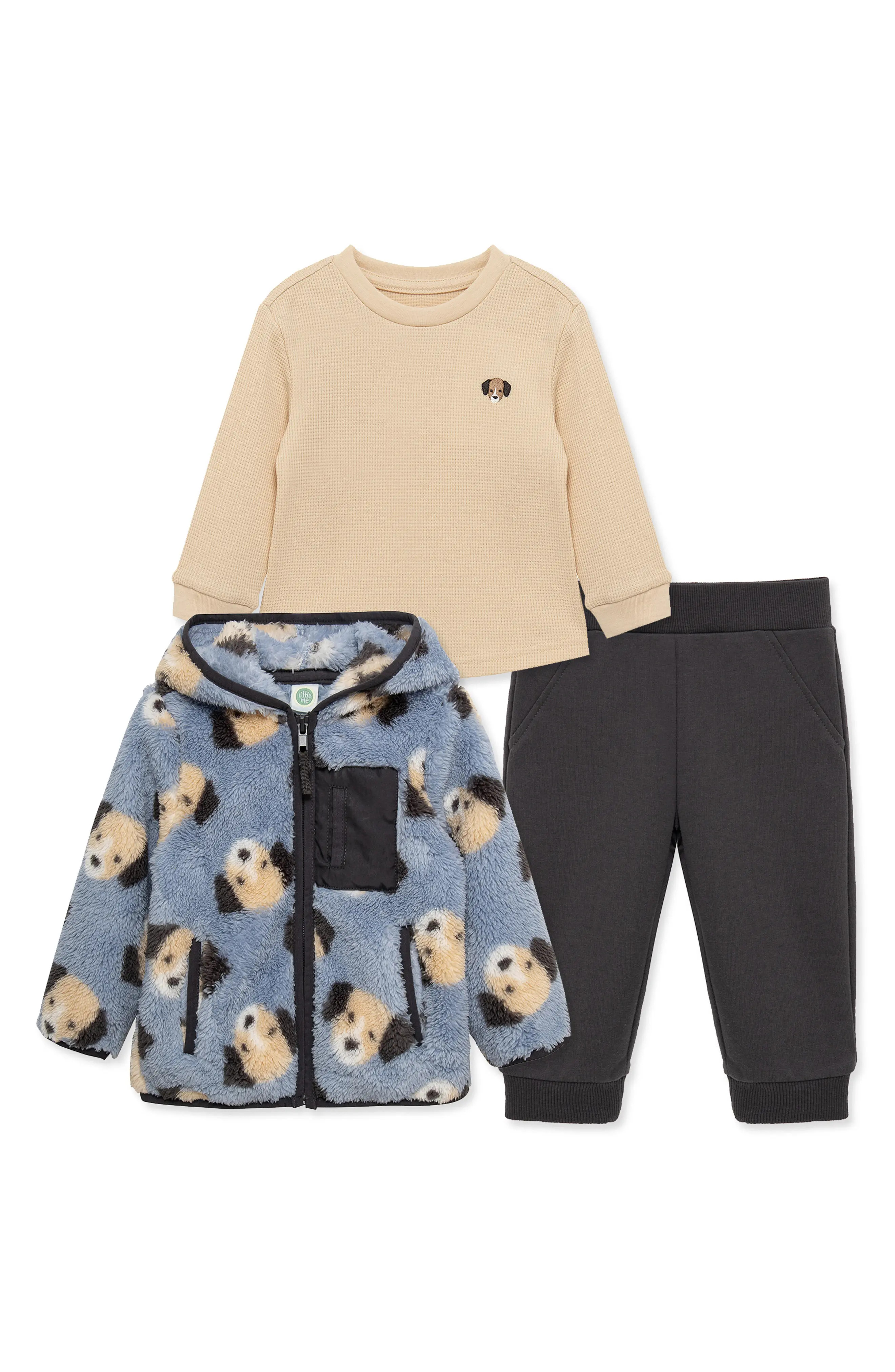 Little Me Puppy High Pile Fleece Jacket, T-Shirt & Joggers Set in Blue at Nordstrom, Size 18M | Nordstrom